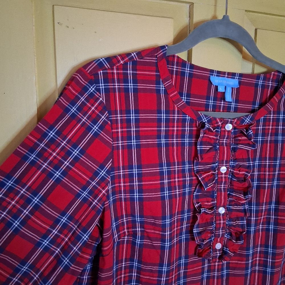 Draper James Red and Black Plaid Stretch Cotton Blouse With Ruffled Placket Sz L - Picture 4 of 14